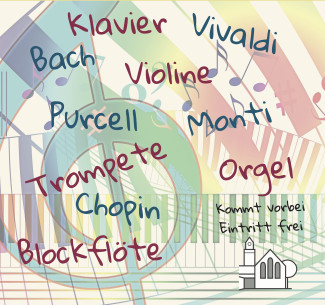 Vor einem bunten Hintergrund aus Notenzeichen Sten die Namen von verschiedenen Komponisten und Musikinstrumenten